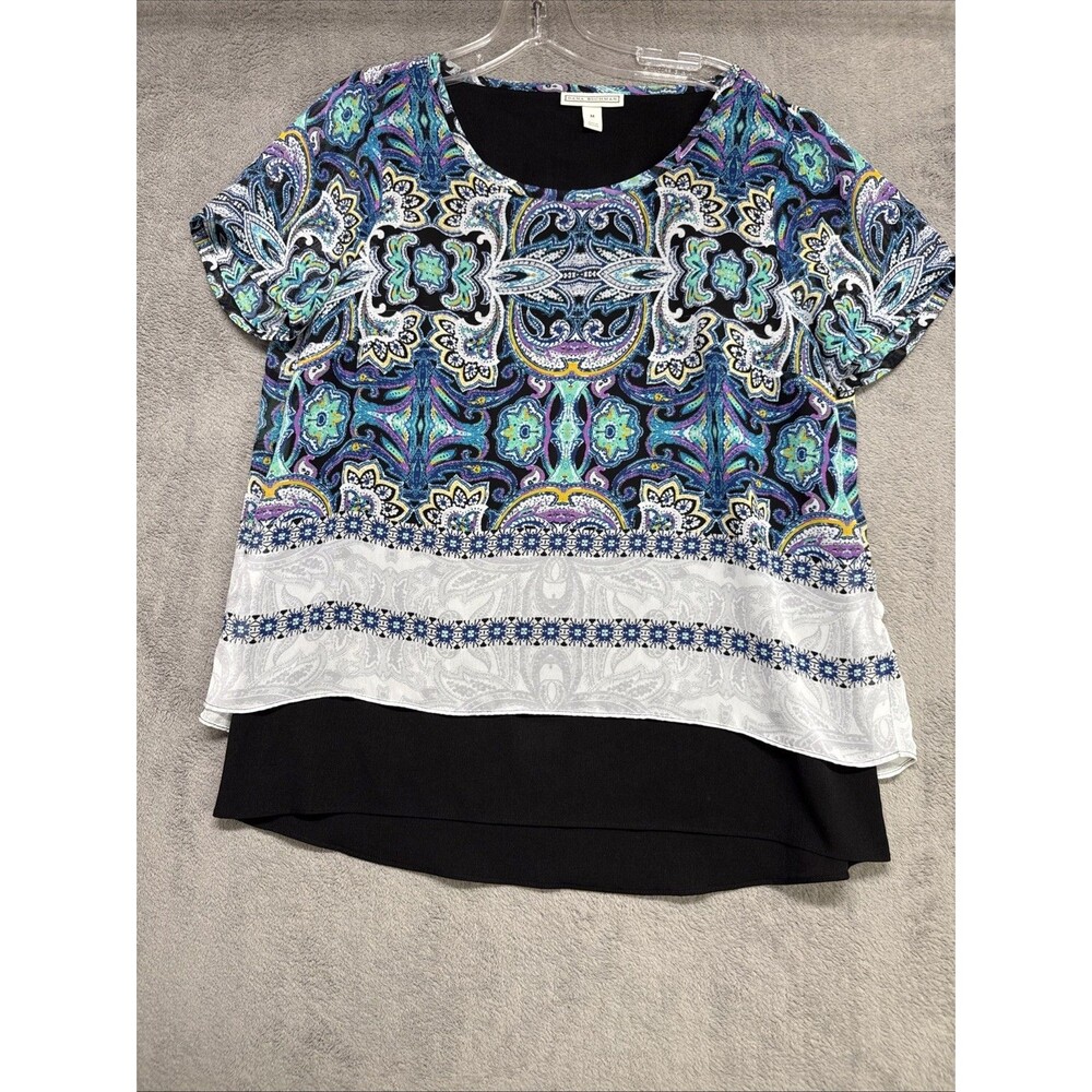 Dana Buchman Women’s Blouse Size M Paisley, Teal/Turquoise Black, Under Cami